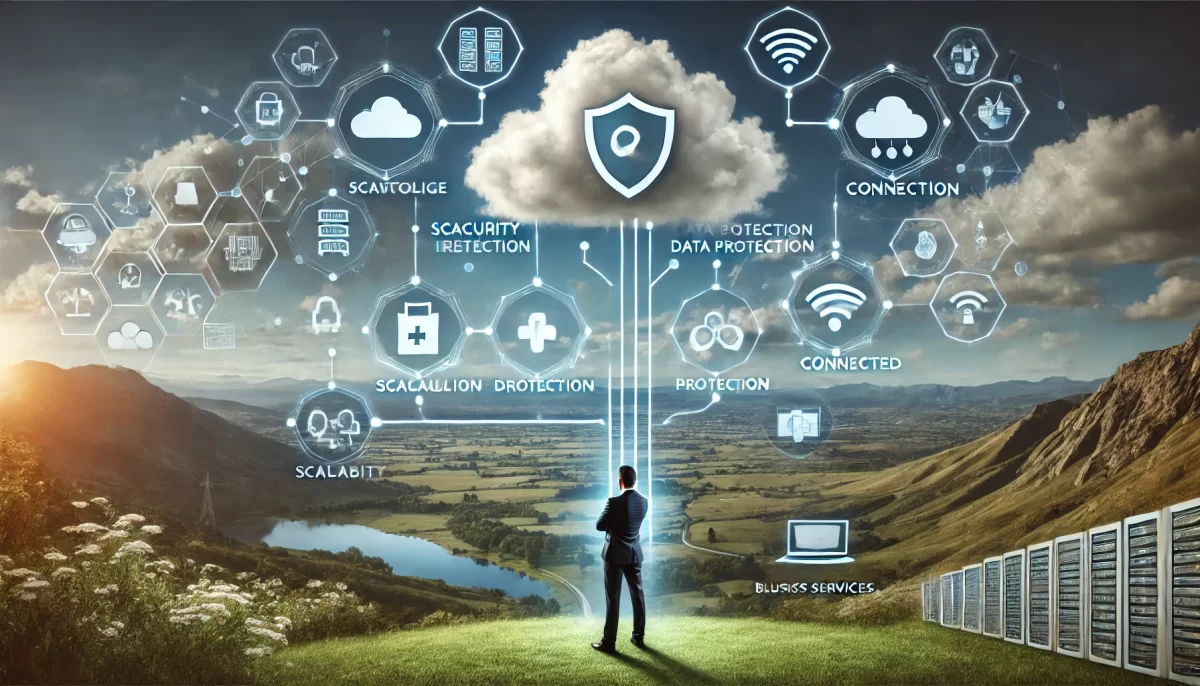 Business professional standing in a landscape with cloud and security icons, illustrating key considerations like scalability, data protection, and connectivity when selecting a cloud service provider.