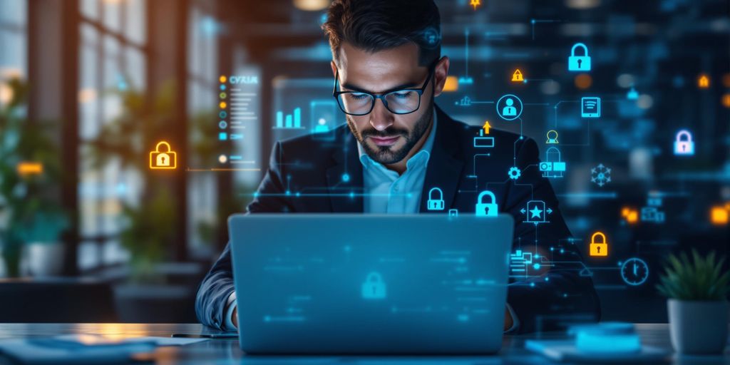 Business professional working on laptop with digital security icons and data analytics graphics, illustrating managed IT services and cybersecurity solutions for SMBs.