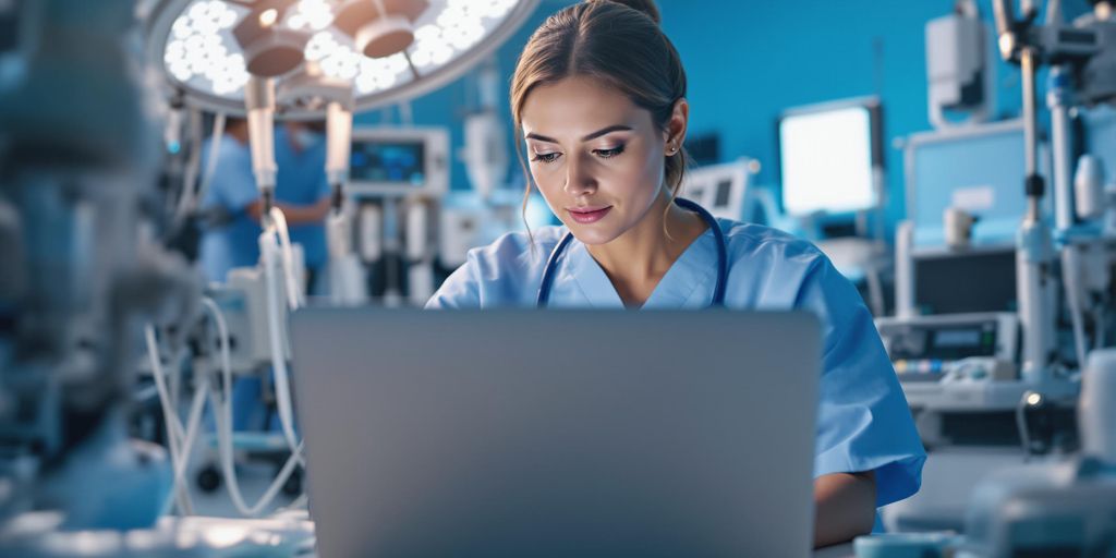 Healthcare professional in scrubs using a laptop in a surgical environment, emphasizing the importance of cybersecurity in healthcare.