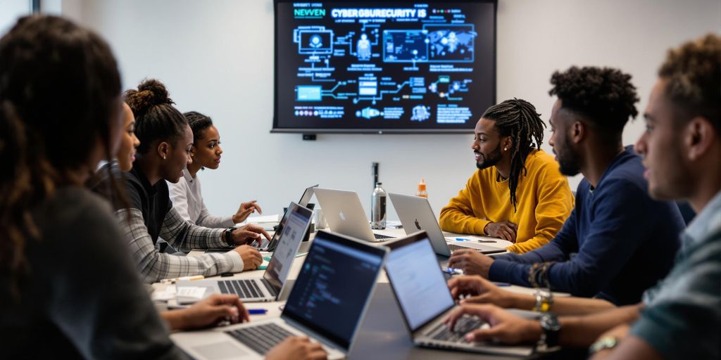 Group of diverse individuals engaged in a cybersecurity training session, with laptops open and a digital presentation on cybersecurity strategies displayed in the background.