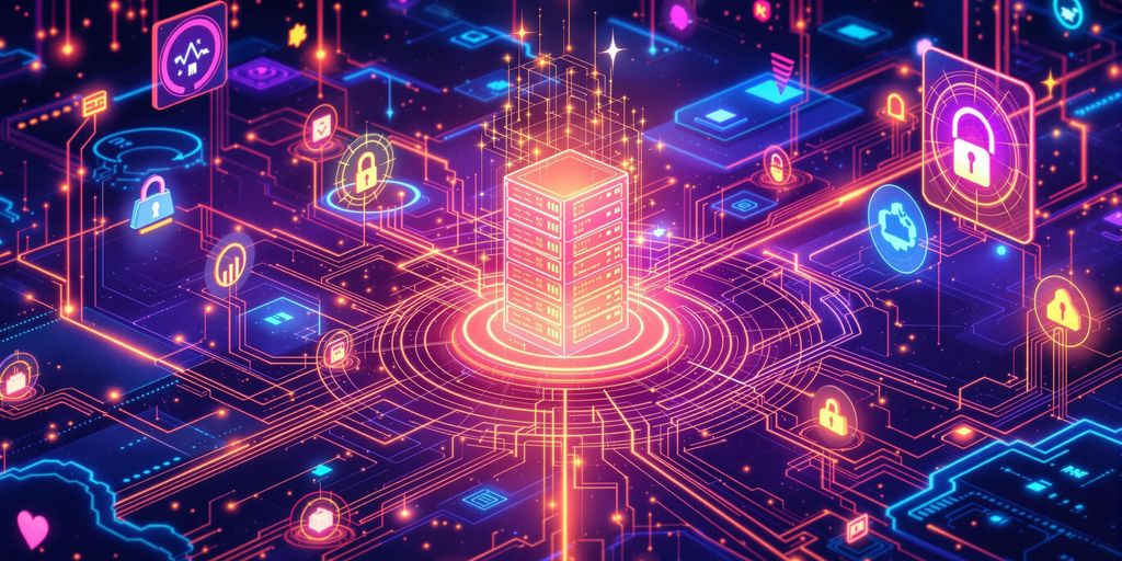 Digital illustration of a central server surrounded by cybersecurity icons, including locks and data graphs, symbolizing the evolving landscape of cybersecurity threats and solutions.