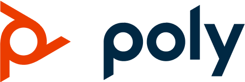 Poly logo featuring an orange abstract symbol and blue text, representing the brand's identity in technology and communication solutions.